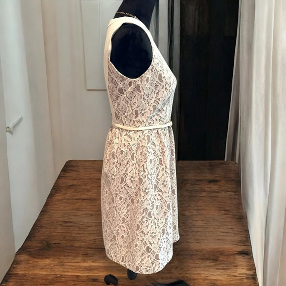 Calvin Klein white lace & cream sheath dress belted size 4 - Picture 5 of 7